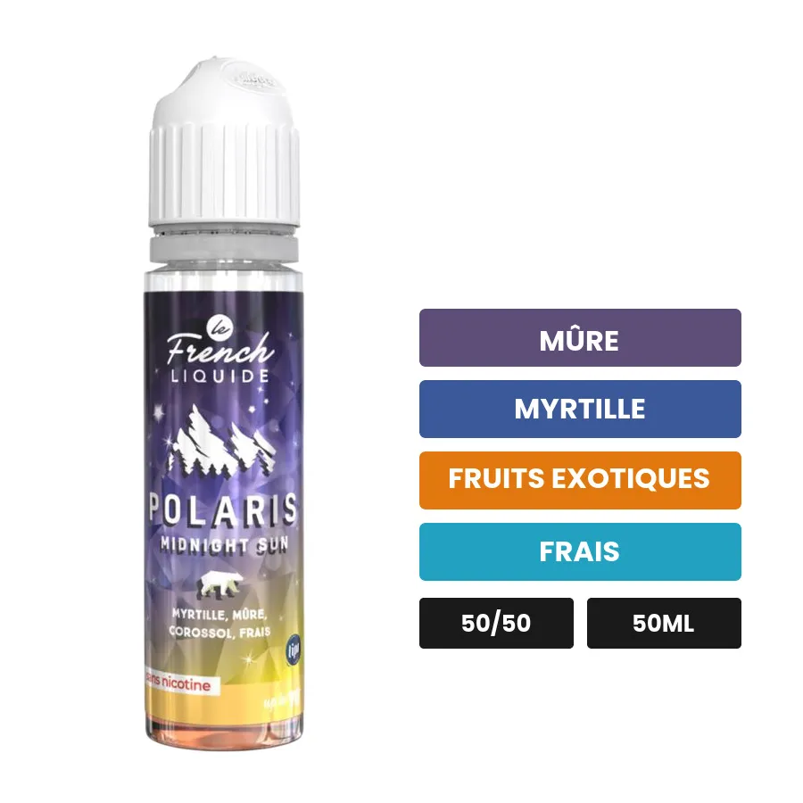 E-liquide Midnight Sun de Le French Liquide, 50 ml, saveurs mûre, myrtille, fruits exotiques et 1 autre, sans nicotine —.