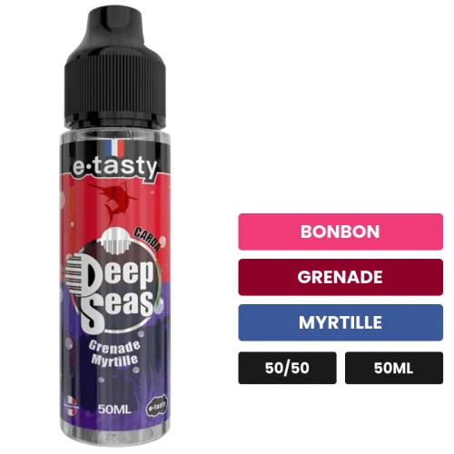E-liquide Carda d'E.Tasty, 50 ml, saveurs bonbon, grenade et myrtille, sans nicotine — prêt à booster de nicotine.