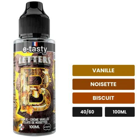 E-liquide Letters B d'E.Tasty, 100 ml, saveurs vanille, noisette et biscuit, sans nicotine — prêt à booster de nicotine.