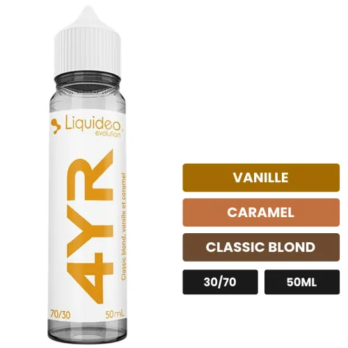 E-liquide 4Yr de Liquideo, 50 ml, saveurs vanille, caramel et classic blond, sans nicotine — prêt à booster de nicotine.