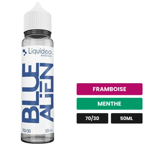 E-liquide Blue Alien de Liquideo, 50 ml, saveurs framboise et menthe, sans nicotine — prêt à booster de nicotine.