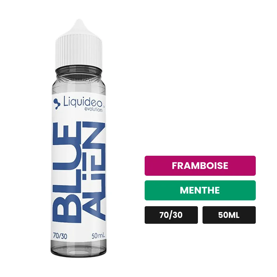 E-liquide Blue Alien de Liquideo, 50 ml, saveurs framboise et menthe, sans nicotine — prêt à booster de nicotine.