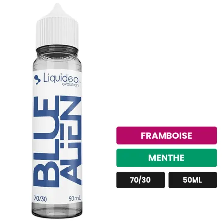 E-liquide Blue Alien de Liquideo, 50 ml, saveurs framboise et menthe, sans nicotine — prêt à booster de nicotine.