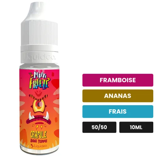 E-liquide Crapule de Liquideo, 10 ml, saveurs framboise, ananas et frais, 3 mg de nicotine.