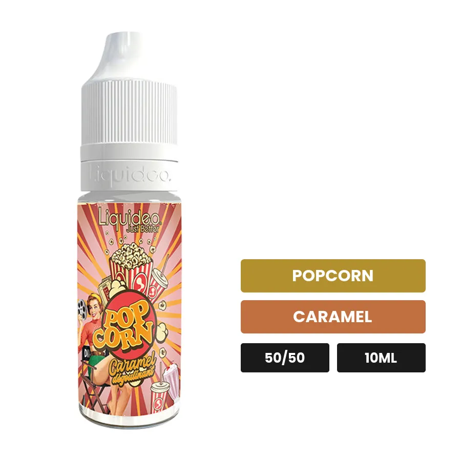E-liquide Pop Corn de Liquideo, 10 ml, saveurs popcorn et caramel, 3 mg de nicotine.