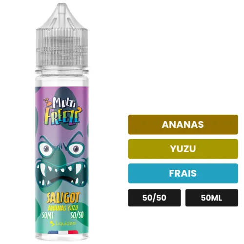 E-liquide Saligot de Liquideo, 50 ml, saveurs ananas, yuzu et frais, sans nicotine — prêt à booster de nicotine.