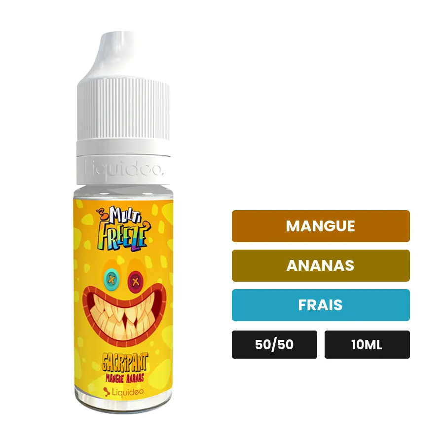 E-liquide Sacripant de Liquideo, 10 ml, saveurs mangue, ananas et frais, 3 mg de nicotine.
