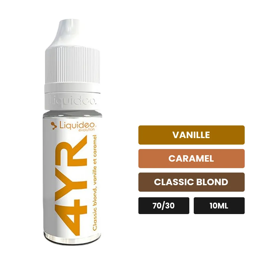 E-liquide 4yr de Liquideo, 10 ml, saveurs vanille, caramel et classic blond, 3 mg de nicotine.