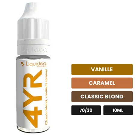 E-liquide 4yr de Liquideo, 10 ml, saveurs vanille, caramel et classic blond, 3 mg de nicotine.