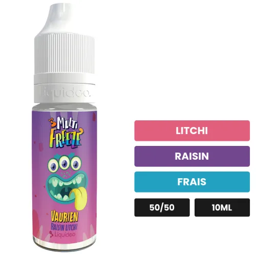 E-liquide Vaurien de Liquideo, 10 ml, saveurs litchi, raisin et frais, 3 mg de nicotine.