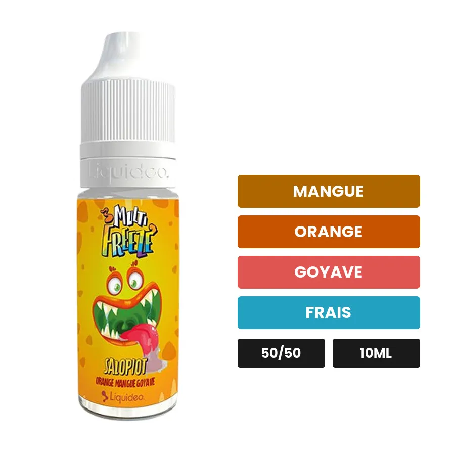 E-liquide Salopiot de Liquideo, 10 ml, saveurs mangue, orange, goyave et 1 autre.
