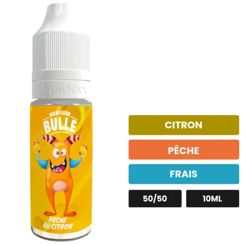 E-liquide Peche Au Citron de Liquideo, 10 ml, saveurs citron, pêche et frais.