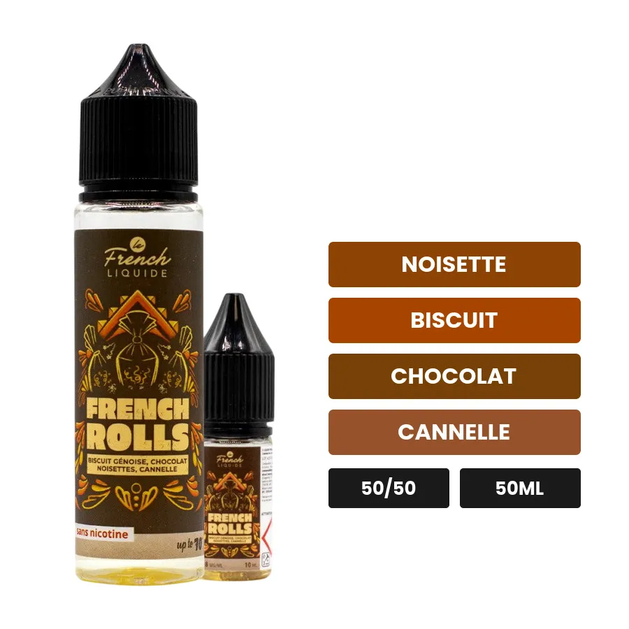 E-liquide French Rolls Easy2Shake de Le French Liquide, 50 ml, saveurs noisette, biscuit, chocolat et 1 autre.