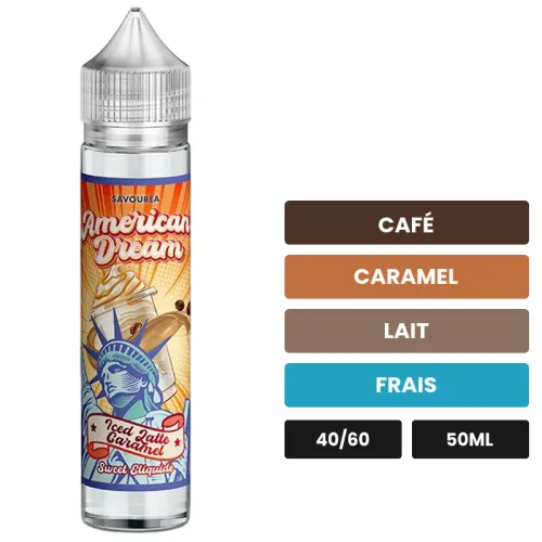 E-liquide Iced Latte Caramel de Savourea, 50 ml, saveurs café, caramel, lait et 1 autre.