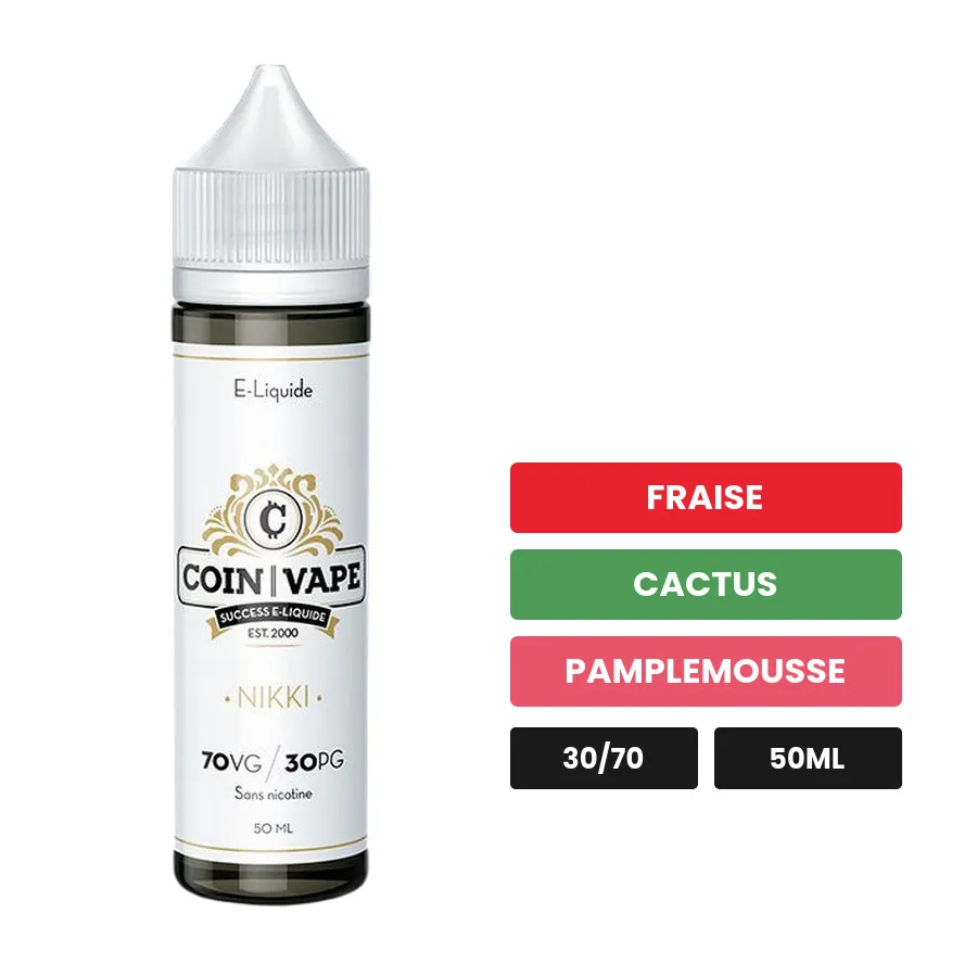 E-liquide Nikki Coin Vape de Savourea, 50 ml, saveurs fraise, cactus et pamplemousse.