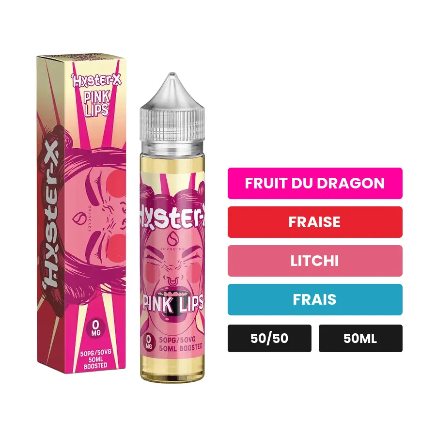 E-liquide Pink Lips Hyster de Savourea, 50 ml, saveurs fruit du dragon, fraise, litchi et 1 autre.