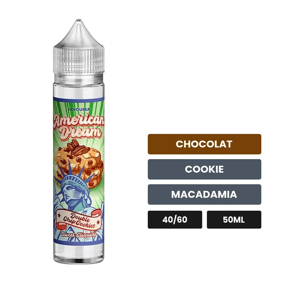 E-liquide Double Chip Cookies de Savourea, 50 ml, saveurs chocolat, cookie et macadamia.