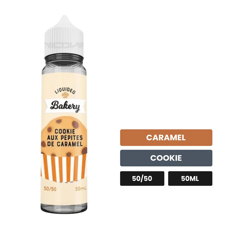 E-liquide COOKIES PEPITES CARAMEL Bakery de Liquideo, 50 ml, saveurs caramel et cookie.