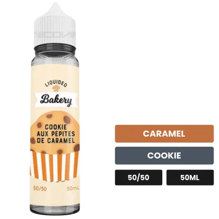 E-liquide COOKIES PEPITES CARAMEL Bakery de Liquideo, 50 ml, saveurs caramel et cookie.