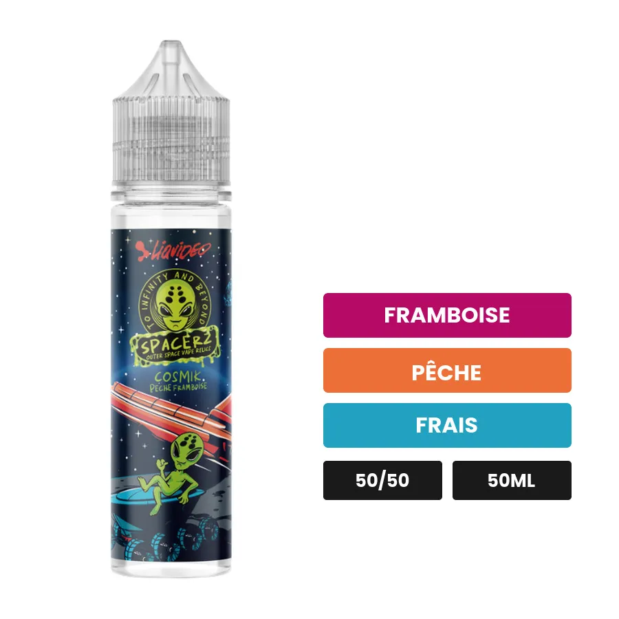 E-liquide Cosmik Pêche Framboise Spacerz de Liquideo, 50 ml, saveurs framboise, pêche et frais.