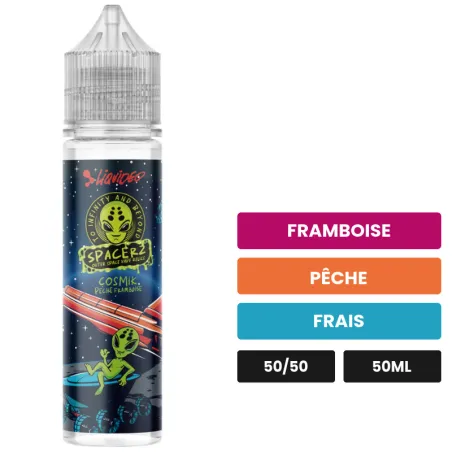 E-liquide Cosmik Pêche Framboise Spacerz de Liquideo, 50 ml, saveurs framboise, pêche et frais.