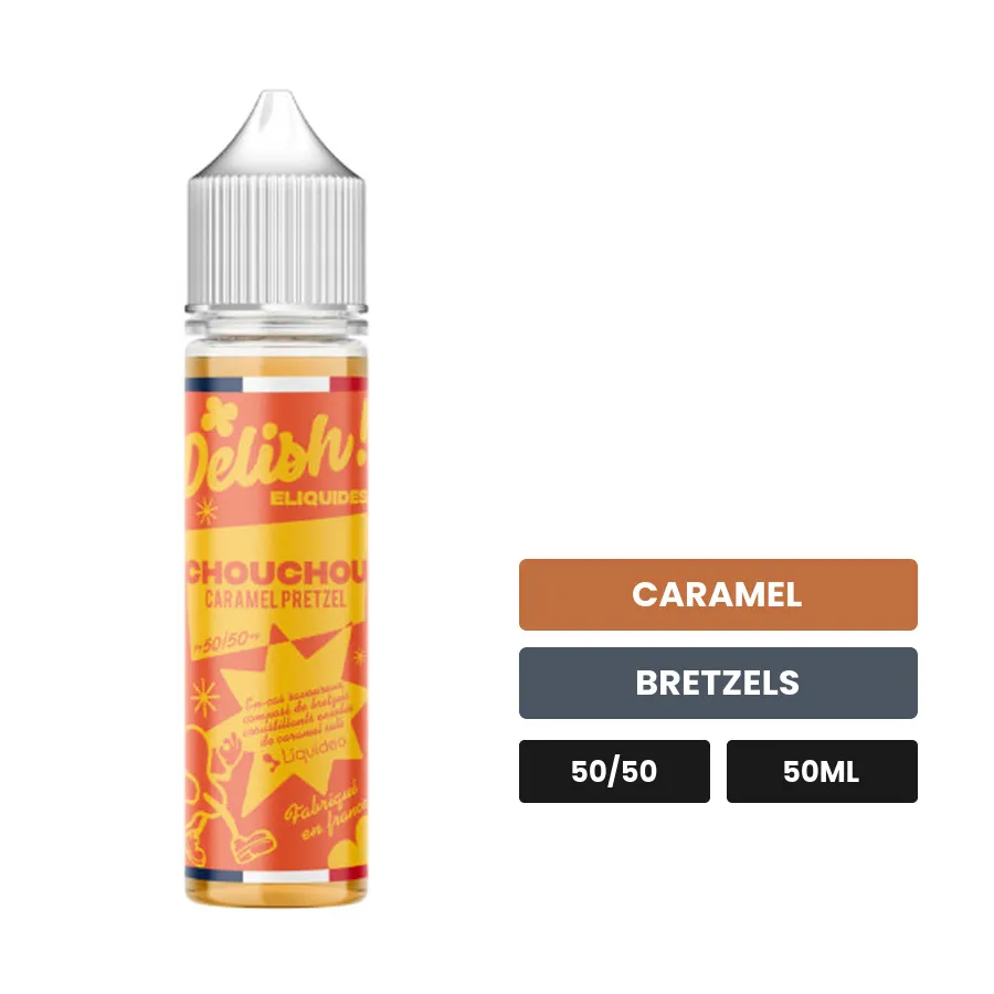 E-liquide Chouchou de Liquideo, 50 ml, saveurs caramel et bretzels.