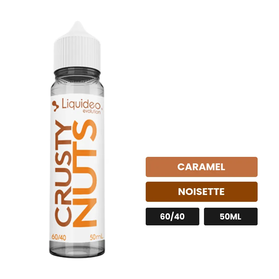 E-liquide Crusty Nuts de Liquideo, 50 ml, saveurs caramel et noisette.