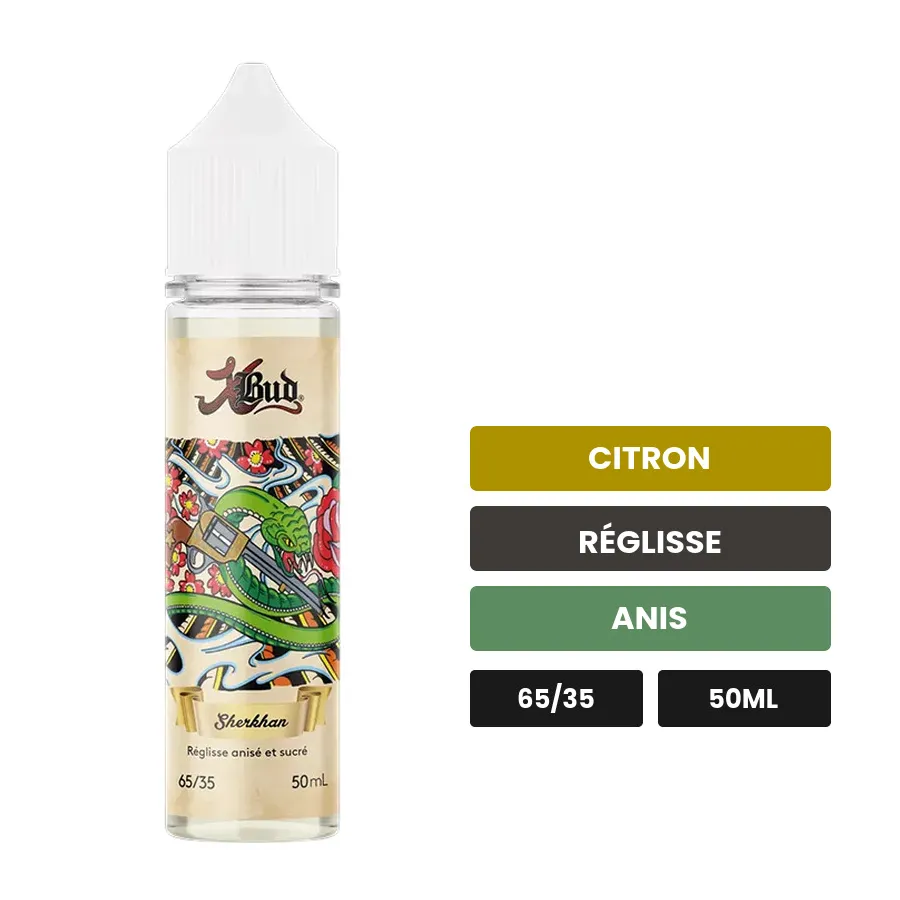 E-liquide Sherkhan de Liquideo, 50 ml, saveurs citron, réglisse et anis.