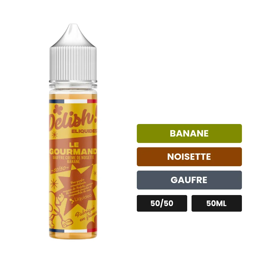 E-liquide Le Gourmand de Liquideo, 50 ml, saveurs banane, noisette et gaufre.