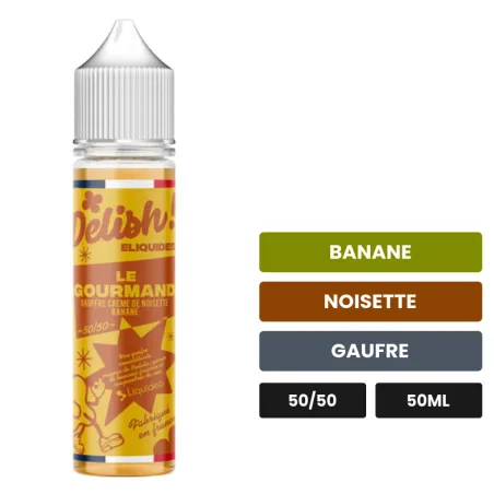 E-liquide Le Gourmand de Liquideo, 50 ml, saveurs banane, noisette et gaufre.