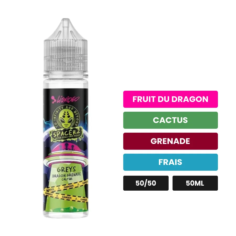 E-liquide Greys Spacerz de Liquideo, 50 ml, saveurs fruit du dragon, cactus, grenade et 1 autre.