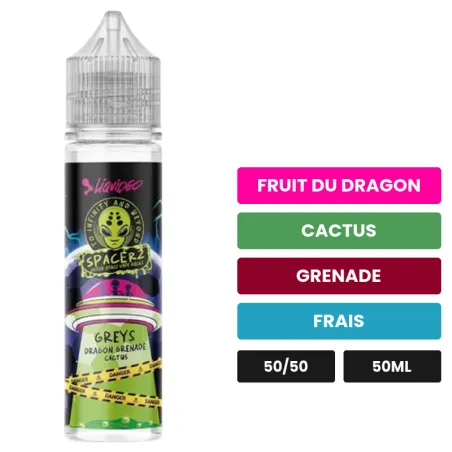 E-liquide Greys Spacerz de Liquideo, 50 ml, saveurs fruit du dragon, cactus, grenade et 1 autre.