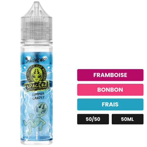 E-liquide Summer Candyz Spacerz de Liquideo, 50 ml, saveurs framboise, bonbon et frais.