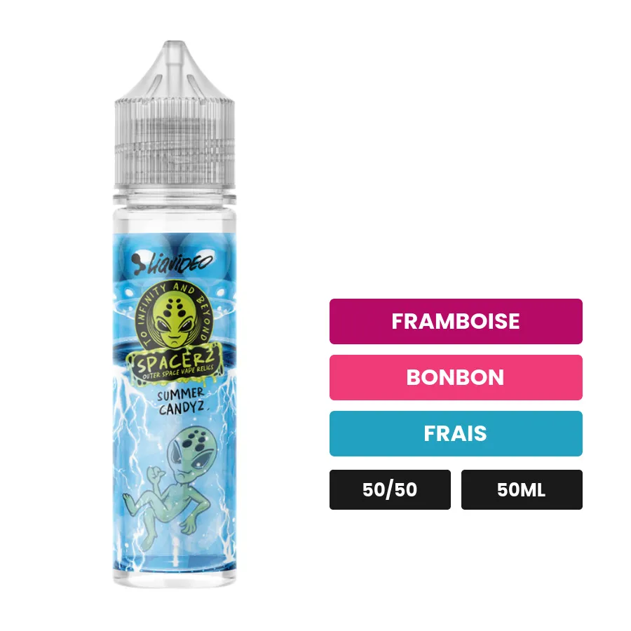 E-liquide Summer Candyz Spacerz de Liquideo, 50 ml, saveurs framboise, bonbon et frais.