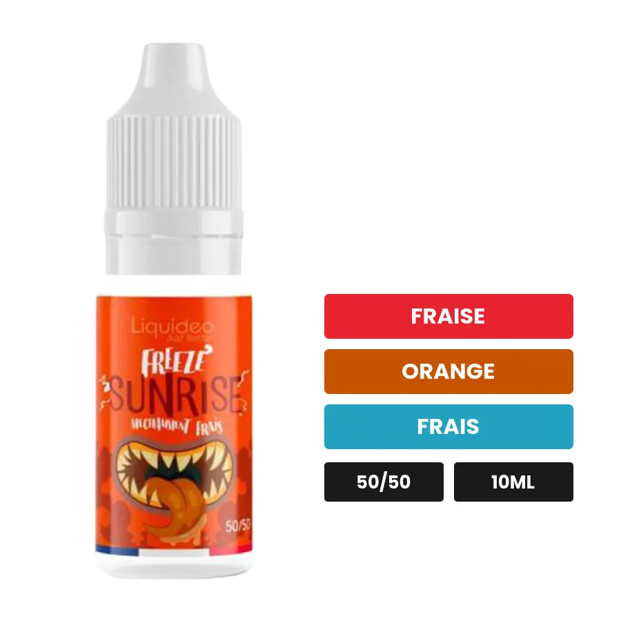 E-liquide Sunrise de Liquideo, 10 ml, saveurs fraise, orange et frais.