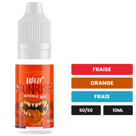 E-liquide Sunrise de Liquideo, 10 ml, saveurs fraise, orange et frais.