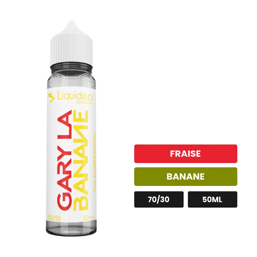 E-liquide Gary la Banane de Liquideo, 50 ml, saveurs fraise et banane.