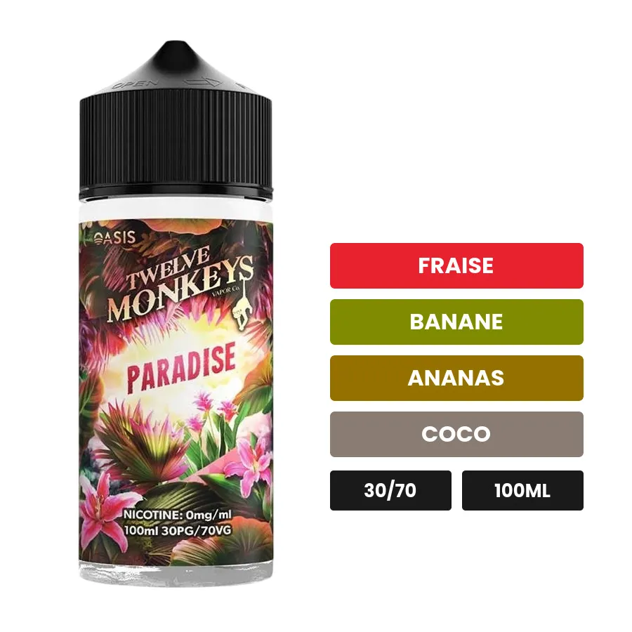 E-liquide Paradise de 12 Monkeys, 100 ml, saveurs fraise, banane, ananas et 1 autre, sans nicotine — prêt à booster de.