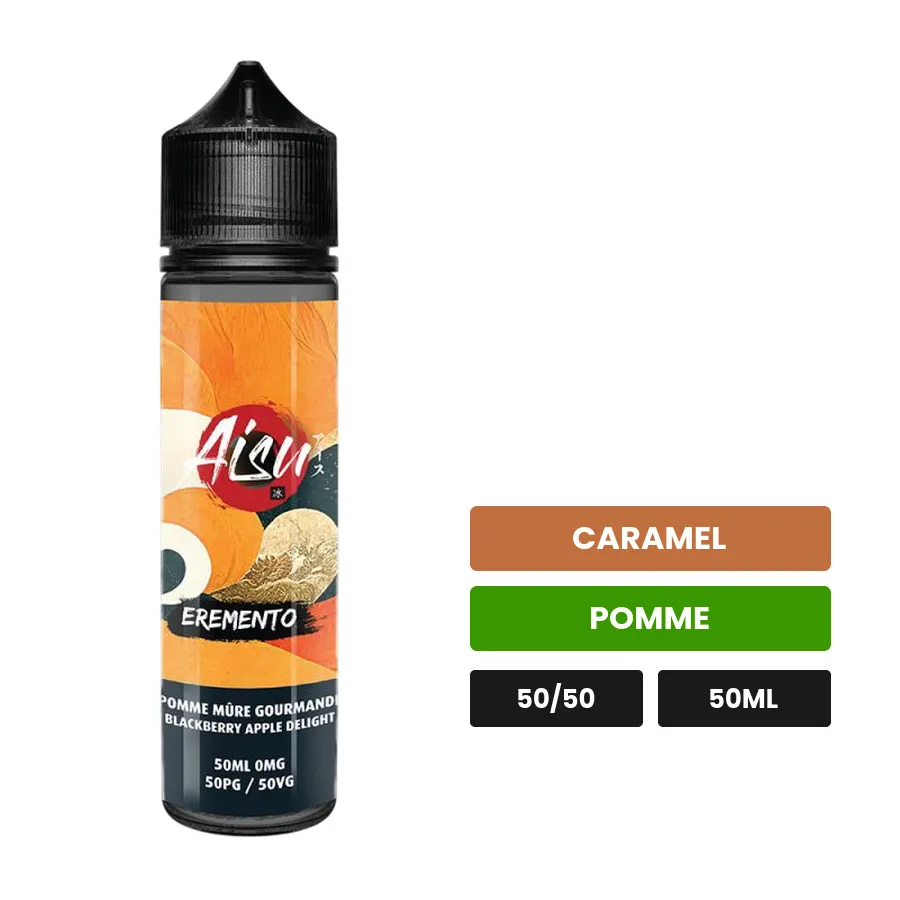E-liquide Pomme Mure Gourmande d'Aisu, 50 ml, saveurs caramel et pomme, sans nicotine — prêt à booster de nicotine.