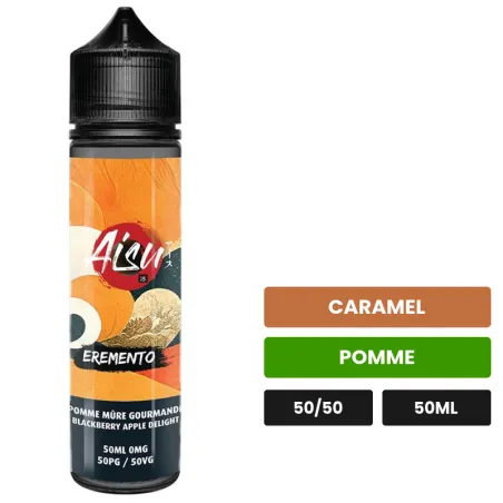 E-liquide Pomme Mure Gourmande d'Aisu, 50 ml, saveurs caramel et pomme, sans nicotine — prêt à booster de nicotine.