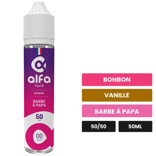 E-liquide Barbe À Papa d'Alfaliquid, 50 ml, saveurs bonbon, vanille et barbe à papa, sans nicotine — prêt à booster de.