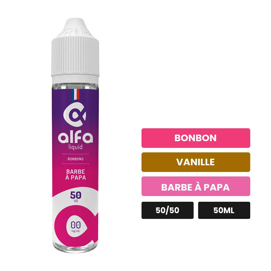 E-liquide Barbe À Papa d'Alfaliquid, 50 ml, saveurs bonbon, vanille et barbe à papa, sans nicotine — prêt à booster de.