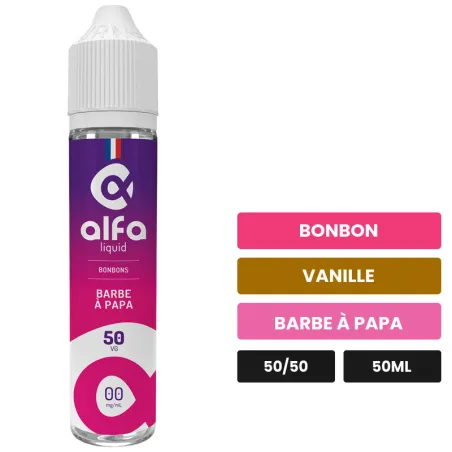 E-liquide Barbe À Papa d'Alfaliquid, 50 ml, saveurs bonbon, vanille et barbe à papa, sans nicotine — prêt à booster de.