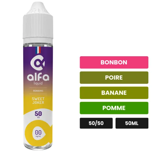 E-liquide Sweet Joker d'Alfaliquid, 50 ml, saveurs bonbon, poire, banane et 2 autres, sans nicotine — prêt à booster de.