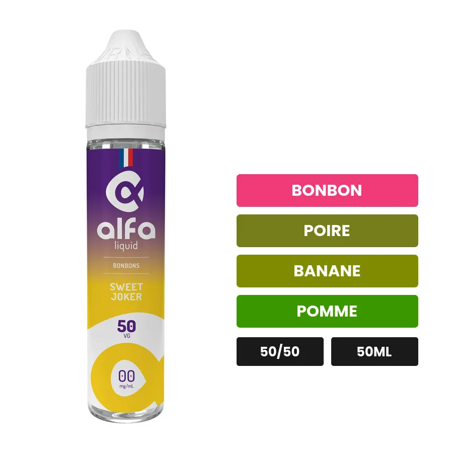 E-liquide Sweet Joker d'Alfaliquid, 50 ml, saveurs bonbon, poire, banane et 2 autres, sans nicotine — prêt à booster de.