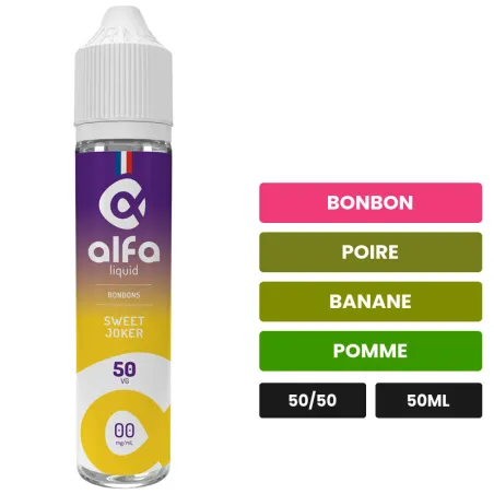 E-liquide Sweet Joker d'Alfaliquid, 50 ml, saveurs bonbon, poire, banane et 2 autres, sans nicotine — prêt à booster de.