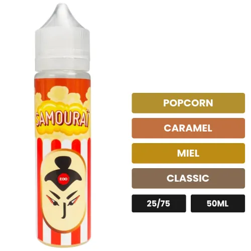 E-liquide Samouraï Classique de Le Coq Qui Vape, 50 ml, saveurs popcorn, caramel, miel et 1 autre.
