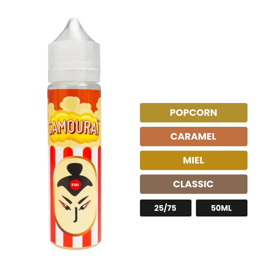 E-liquide Samouraï Classique de Le Coq Qui Vape, 50 ml, saveurs popcorn, caramel, miel et 1 autre.