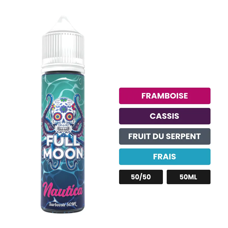 E-liquide Nautica de Full Moon, 50 ml, saveurs framboise, cassis, fruit du serpent et 1 autre, sans nicotine — prêt à.