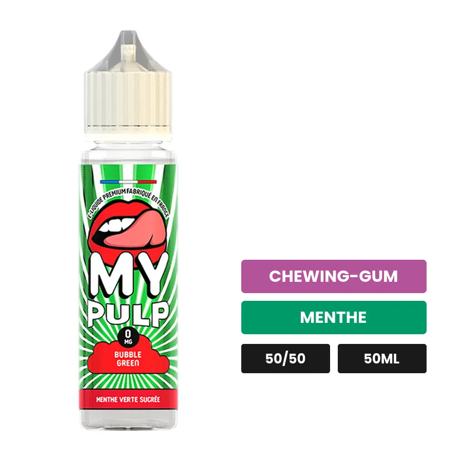 E-liquide Bubble Green de Pulp, 50 ml, saveurs chewing-gum et menthe.
